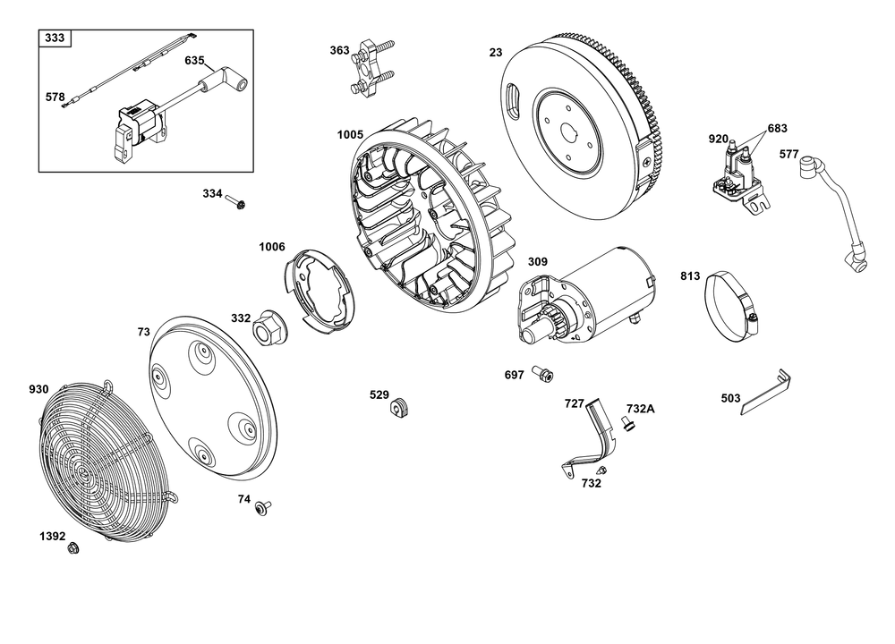Flywheel, Ignition, And Starter Group Diagram and Parts List for 386447-0240-B5 200000 - 399999 Briggs and Stratton Engine